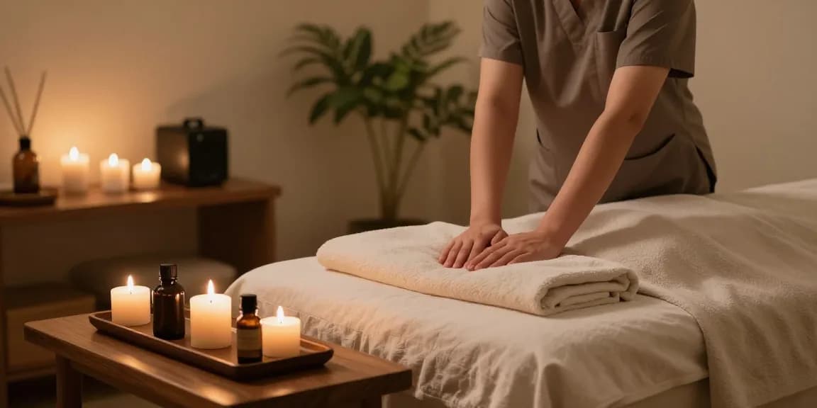 Tranquil massage therapy scene showcasing 용산출장안마 with soothing ambiance and essential oils.