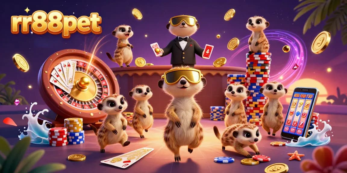rr88pet casino meerkats joyfully gaming, surrounded by golden coins and neon lights