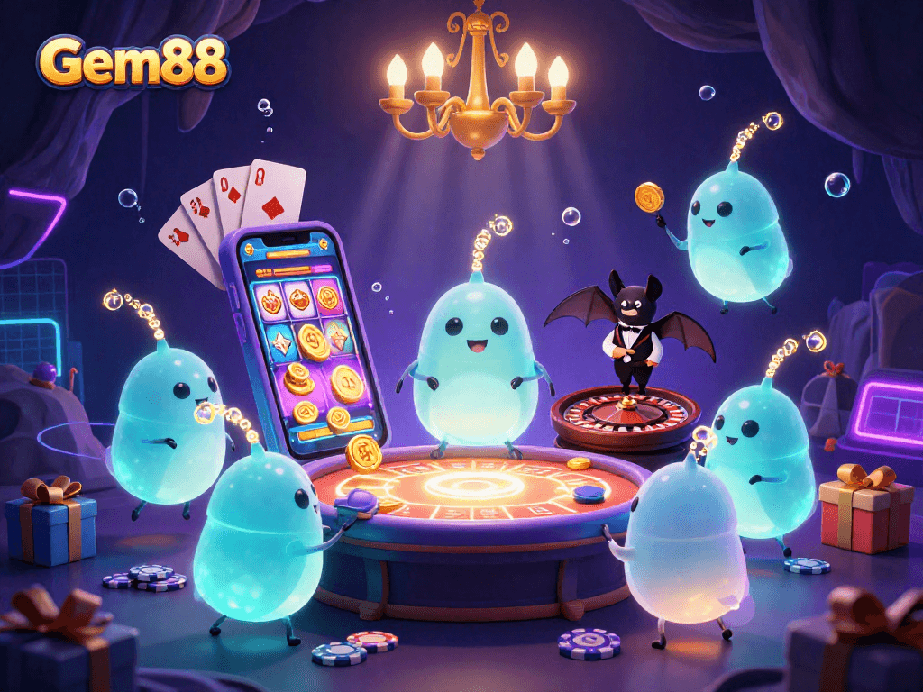 Experience Gem88's vibrant cave casino with glowing glowworms and dynamic gaming elements.