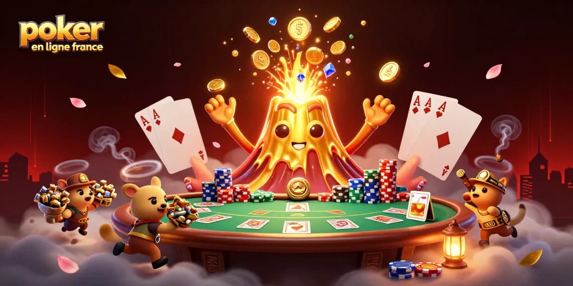 Jouer au poker en ligne en France, gagner des trésors avec un volcan d'or éruptif à l'arrière-plan.