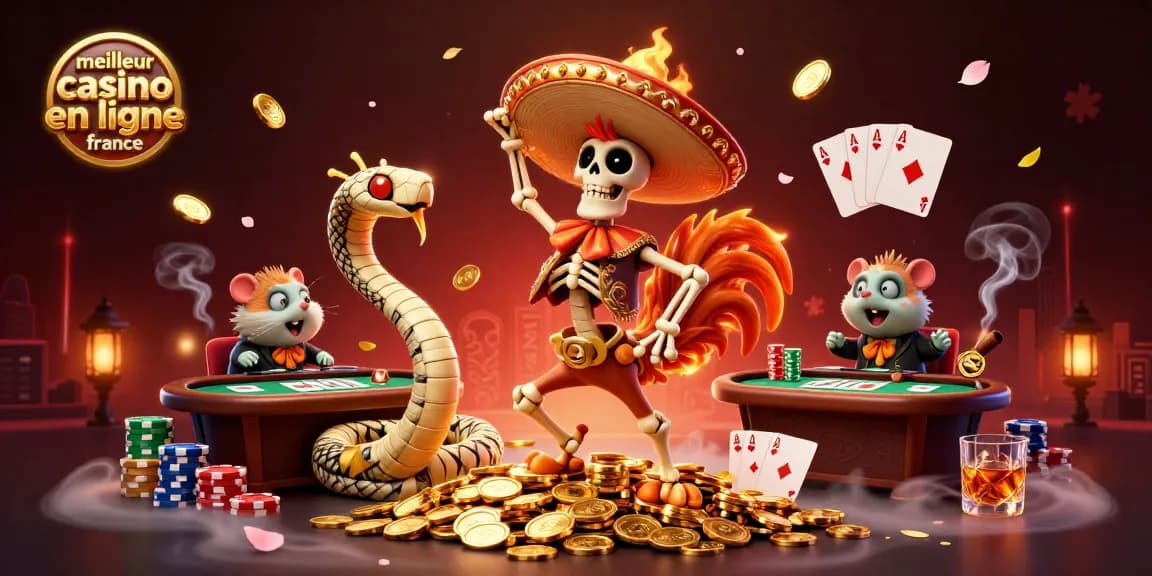 Découvrez le meilleur casino en ligne France illustré par des personnages colorés et des éléments de jeu dynamiques.