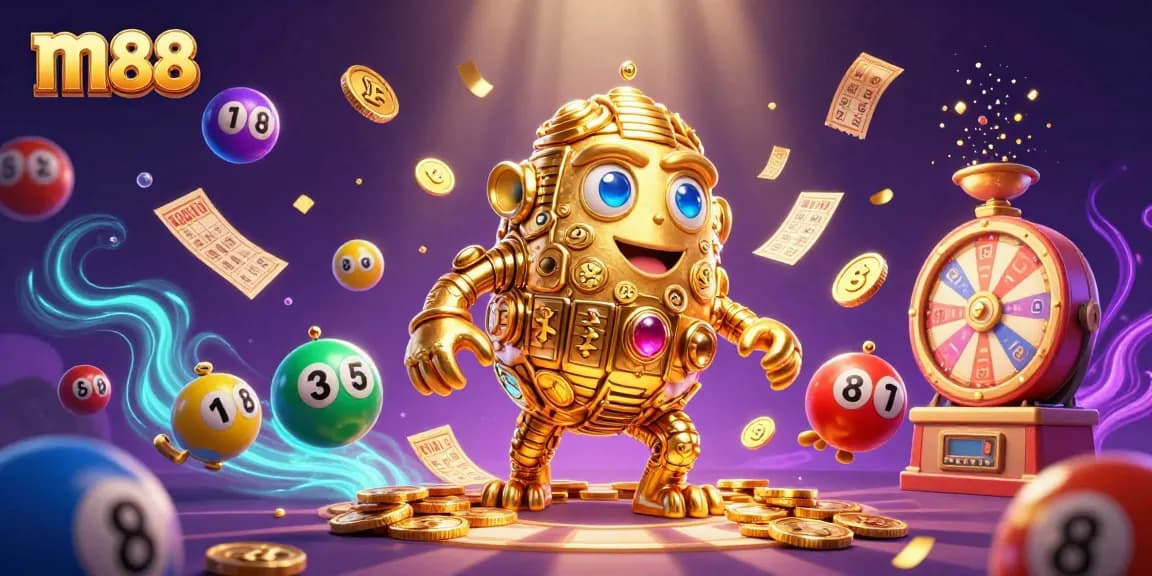 Engage with m88's thrilling online betting experience featuring vibrant lottery elements and golden golem.
