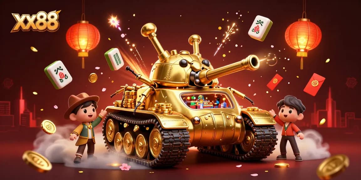 Engage in thrilling gameplay at xx88 with a vibrant 3D casino scene featuring golden beetles and festive elements.