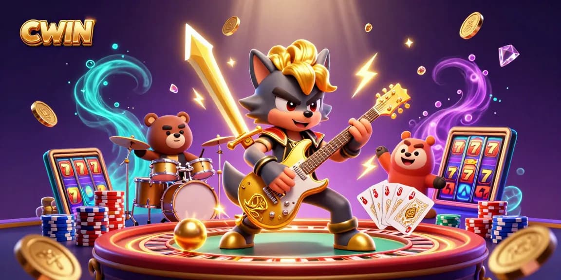 CWIN highlights a thrilling scene with a wolf playing guitar and casino elements frolicking around.