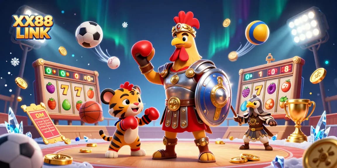 Engage with exciting gameplay at XX88 LINK featuring a gladiator rooster and dynamic casino elements.