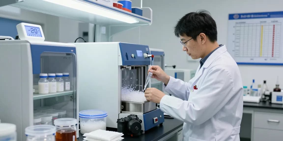 Handling lyophilisation peptides in a professional lab environment, showcasing proper storage protocols and temperature management.
