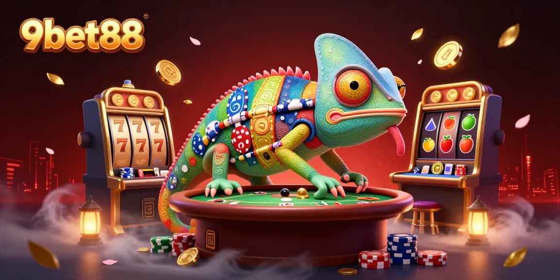 Experience gaming thrill at 9bet88 with a vibrant casino scene featuring slots, chameleon owner, and dynamic elements.