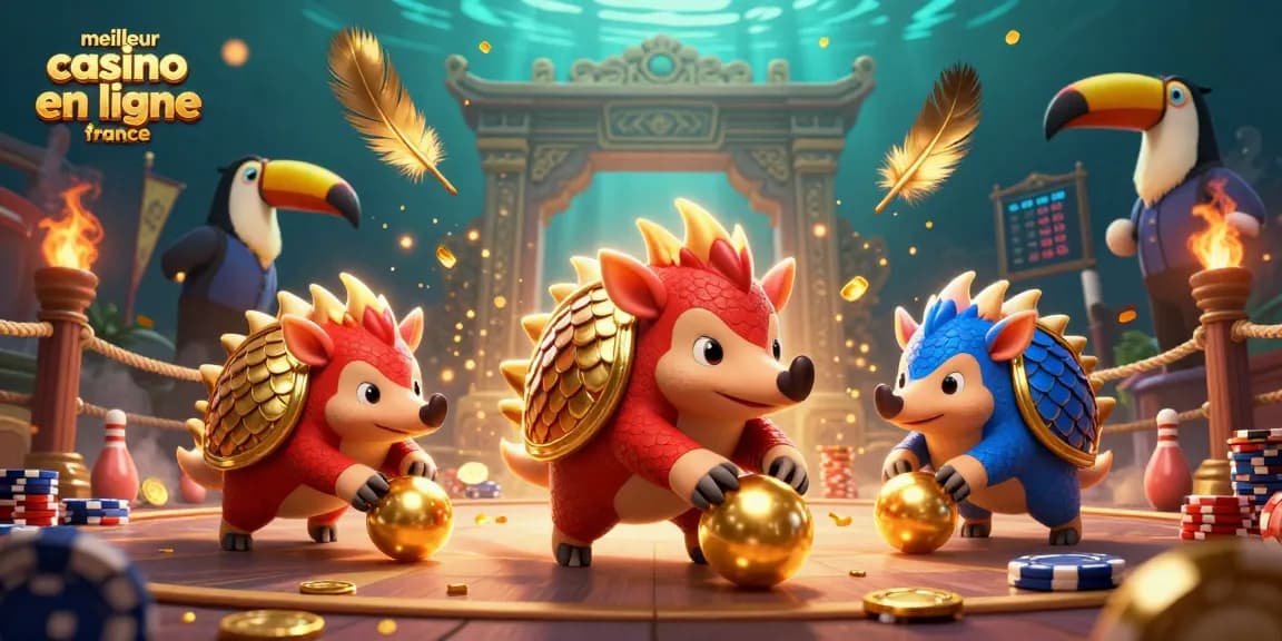 Représentation dynamique des rivalités dans le meilleur casino en ligne France avec des pangolins et des jetons.