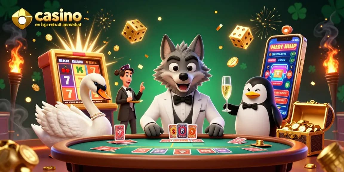 Découvrez les jeux sur le casino en ligne retrait immédiat, avec un loup élégant et une grue dealer.