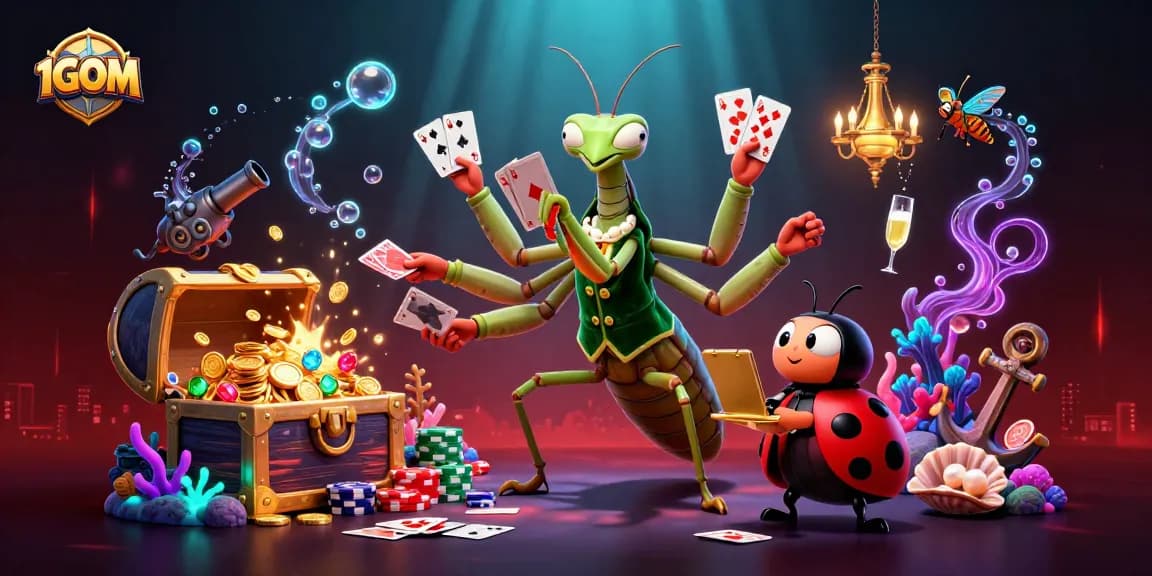 Engage with 1GOM's vibrant gambling scene featuring a lively mantis dealer and ladybug pit boss.