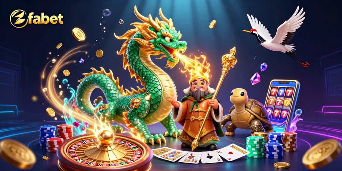 Experience fabet's exhilarating gaming world with vibrant casino elements and mythical creatures.