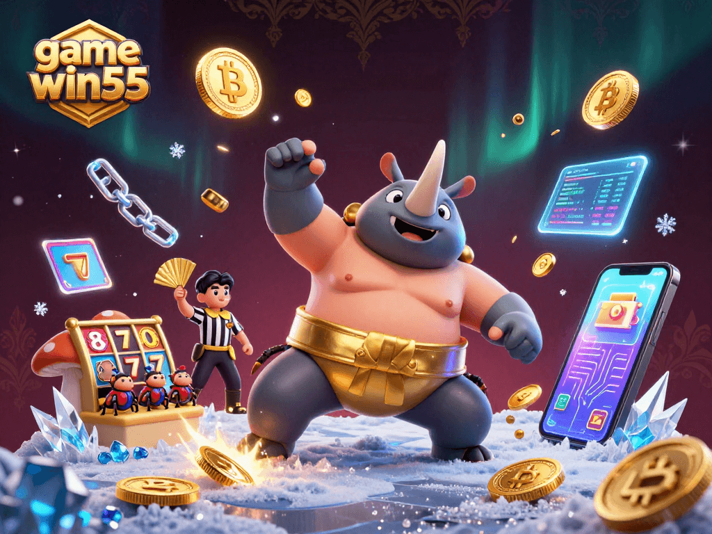 Experience the thrill of game win55 with exciting elements, featuring a sumo beetle champion and dazzling coins.
