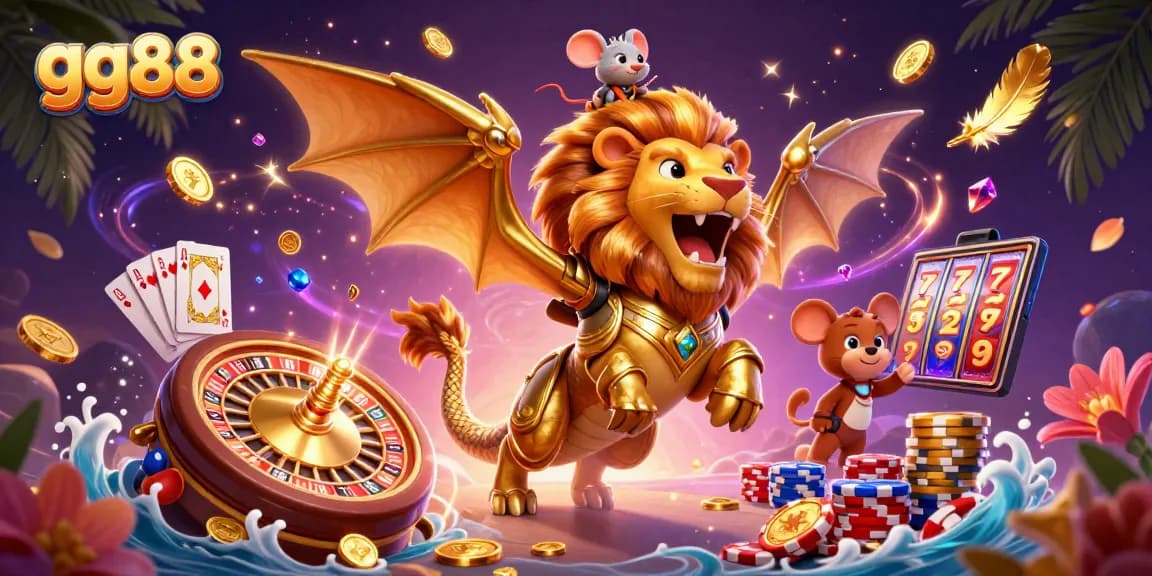 Spin to win at GG88, featuring an exhilarating 3D casino scene with vibrant gold coins, roulette, and slot reels.