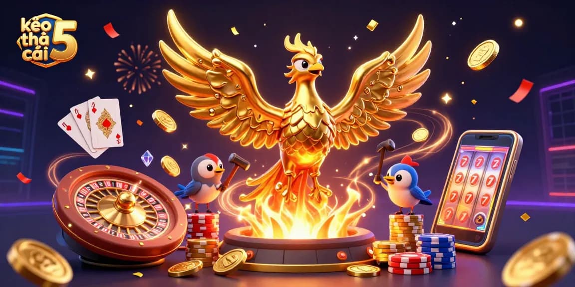 Engaging scene showcasing kèo nhà cái 5 with a golden phoenix and vibrant casino elements in a celebration setting.