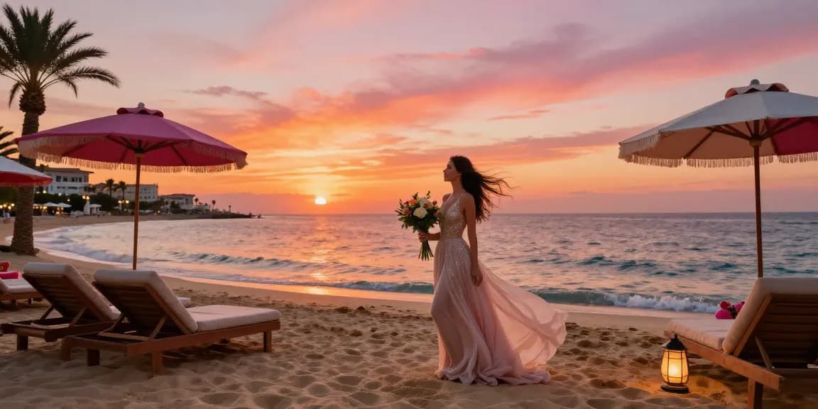 Antalya Escort on a luxurious beach during sunset, showcasing elegance and allure in a stunning gown.