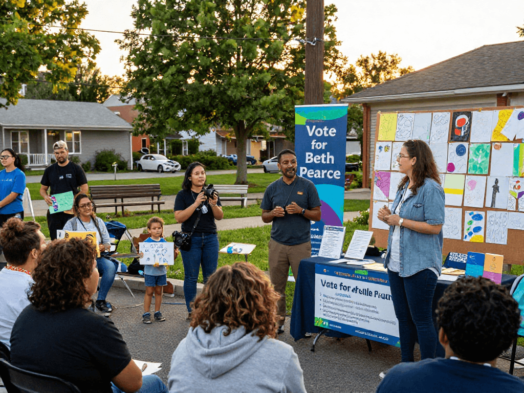 Community gathering promoting rokok88 slot login with leaders discussing visionary ideas, highlighting Beth Pearce's campaign.