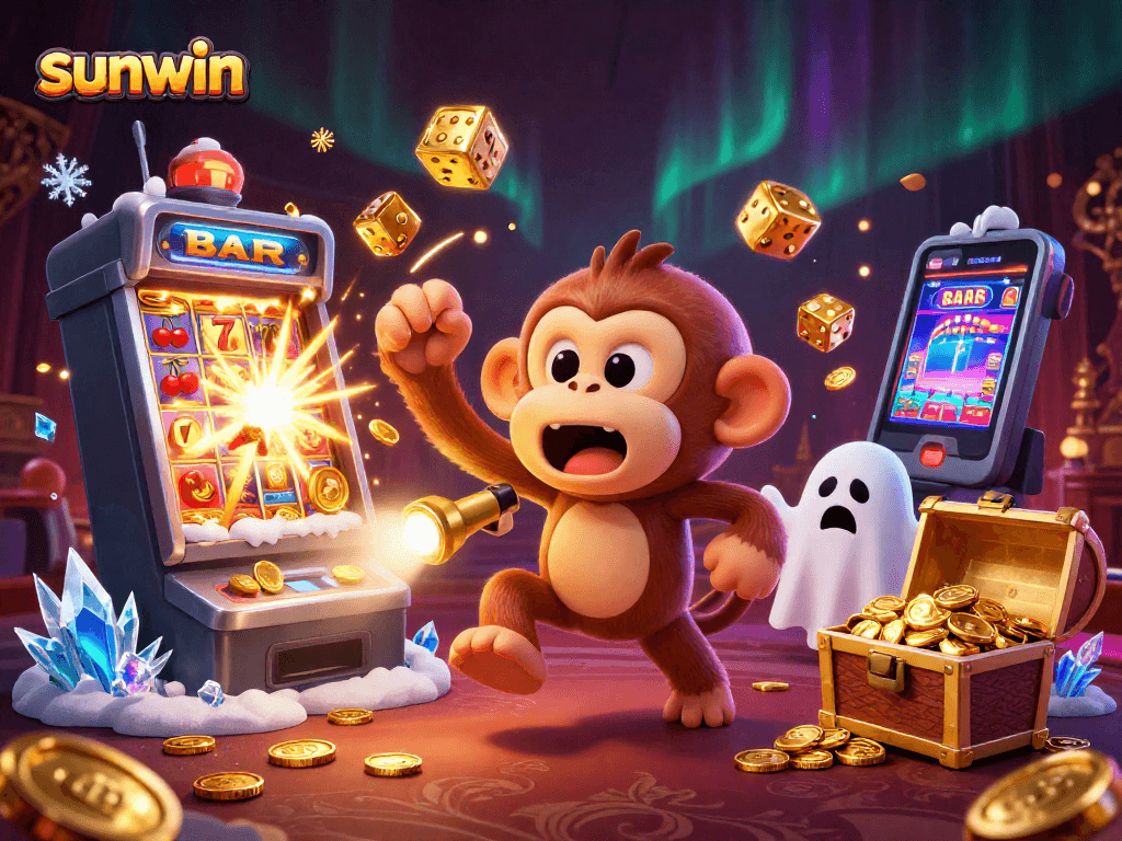 Experience thrilling wins at SunWin with a playful ghost and puppy tracking treasures in a vibrant casino.