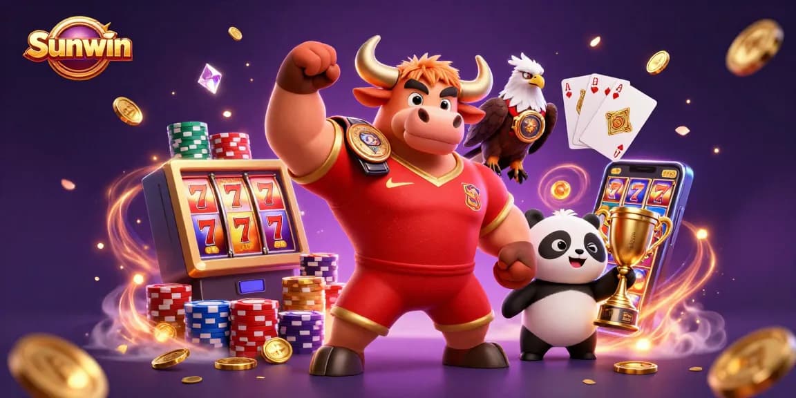 Celebrate wins with Sunwin's animated casino adventure featuring a triumphant bull and friends.