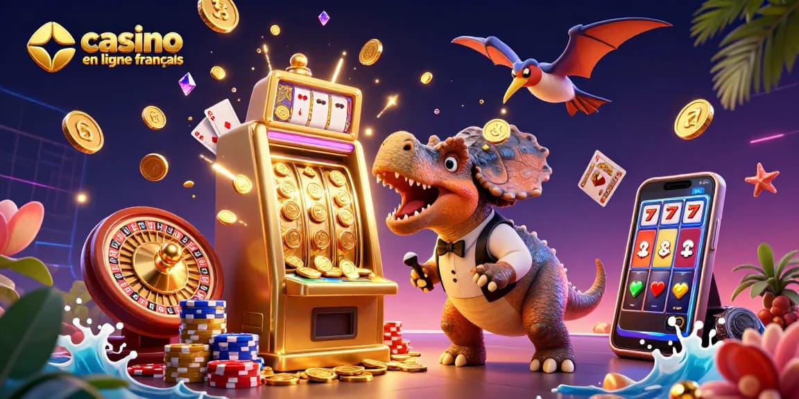 Les personnages se battent pour le jackpot dans un casino en ligne français, face à une machine à sous dorée.