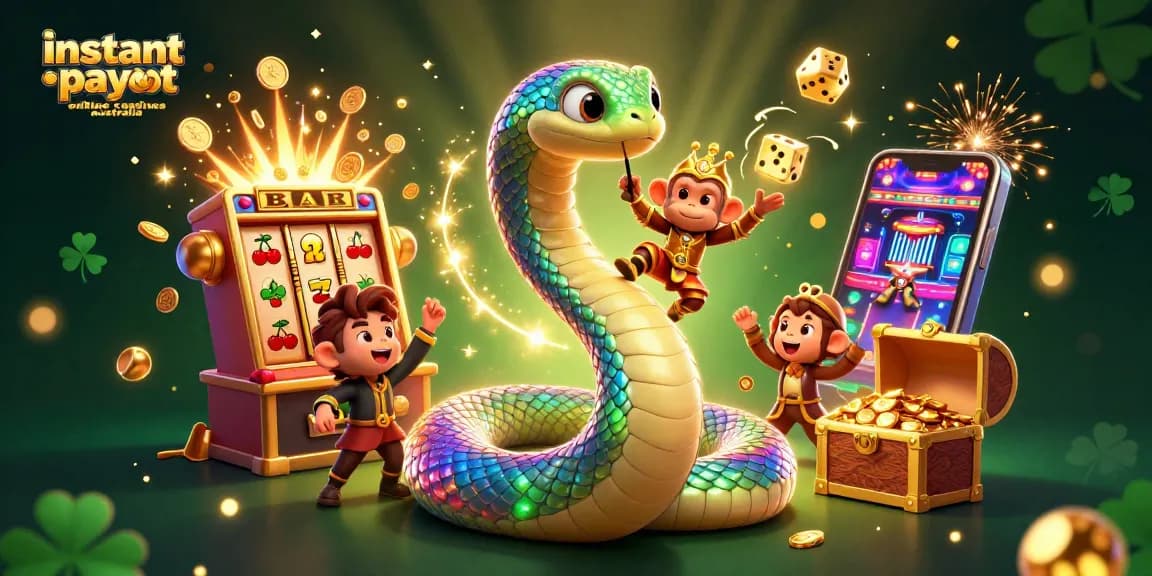Play games at instant payout online casinos Australia with a vibrant scene of slots and colorful characters.