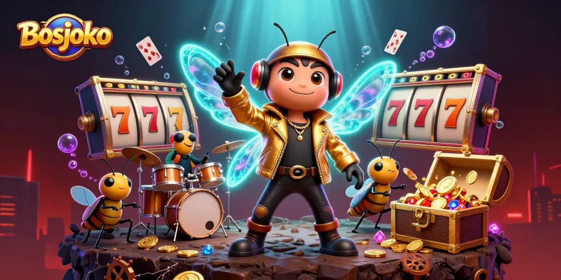 Engage in winning strategies with Bosjoko slots as the rock star cicada celebrates with vibrant treasures and casino elements.
