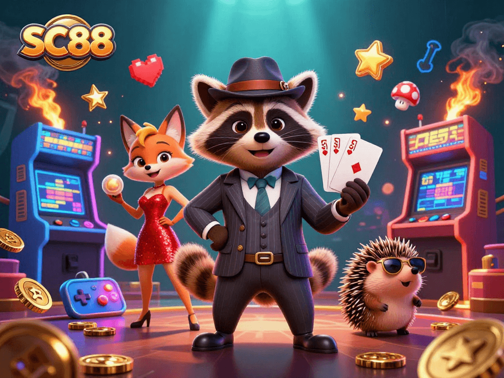 Experience thrilling gaming action with SC88, featuring animated characters and vibrant casino elements.