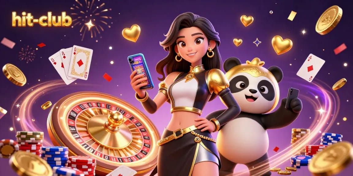 Experience thrilling gaming with hit-club, capturing a joyful moment of a woman with a golden panda in a vibrant online casino.