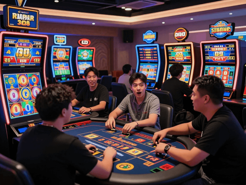 Exciting gaming atmosphere at situs raja328 with players enjoying slots and live betting.