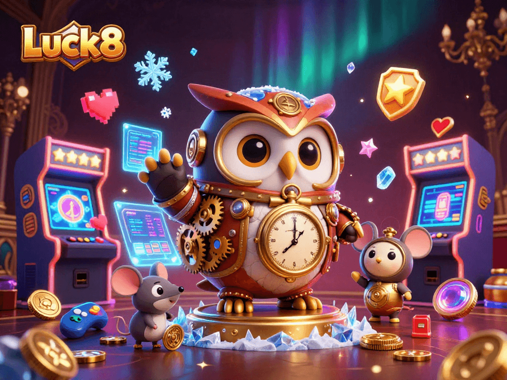 Luck8 brings a vibrant online casino atmosphere with a time-traveling owl and gaming elements.