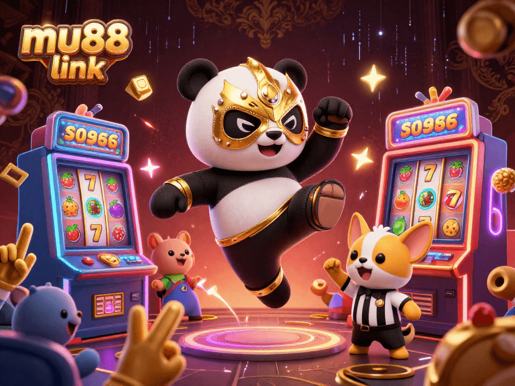 Experience victory with the mu88 link as a panda wrestler kicks for jackpot in a lively casino scene.