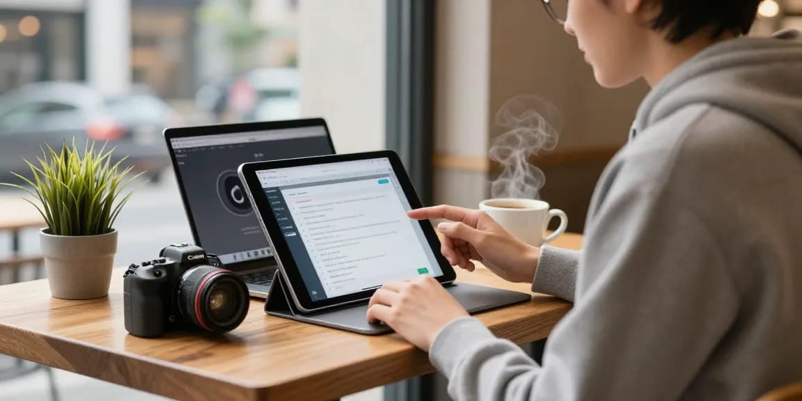 Interaction with an ai chat nsfw character on a tablet in a cozy café.