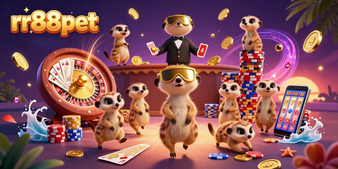 rr88pet casino meerkats joyfully gaming, surrounded by golden coins and neon lights