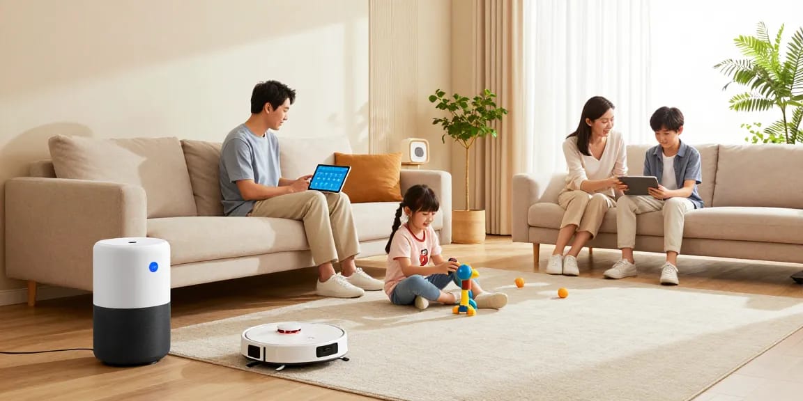 Family enjoying the best smart home gadgets 2026 in a modern living room setting.