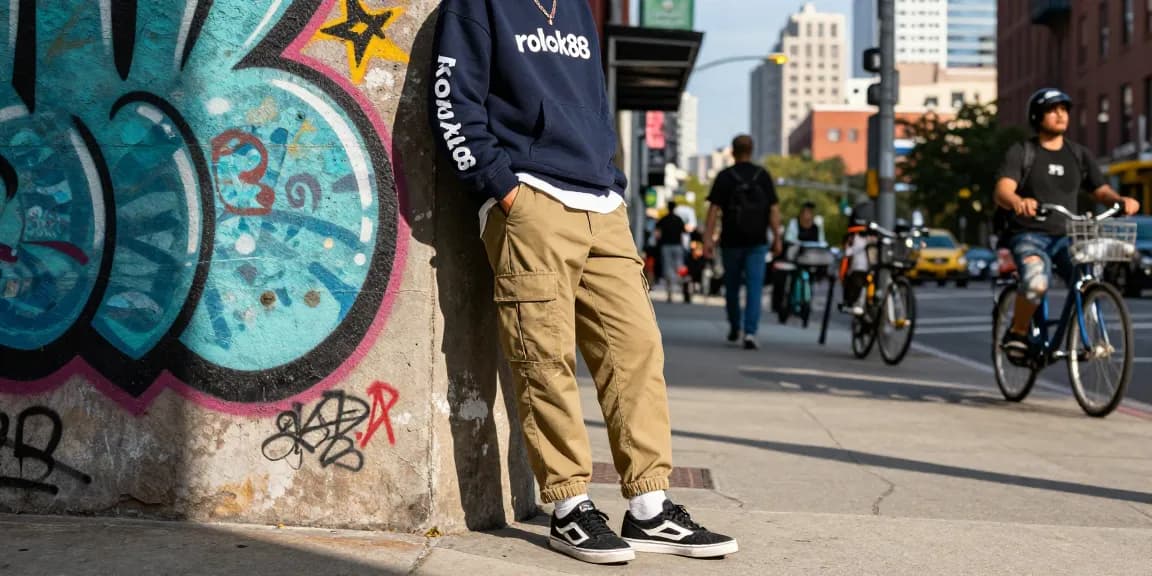 Stylish person showcasing rokok88 streetwear in vibrant urban setting