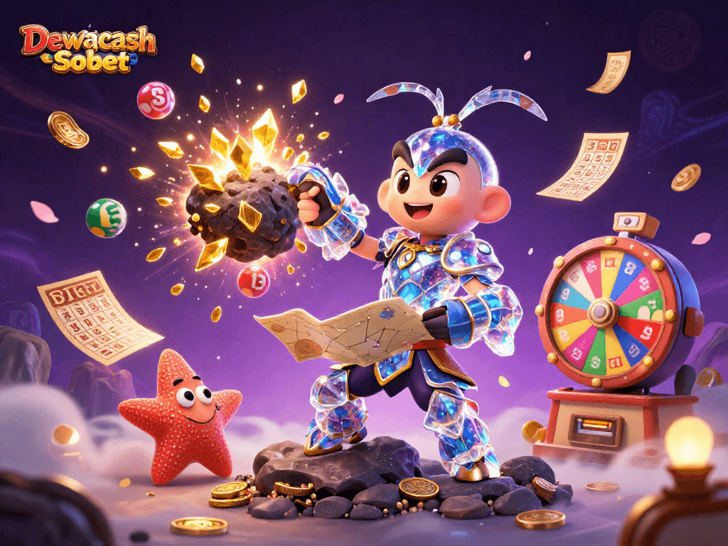 Dewacash Sbobet showcases a vibrant fantasy scene with thrilling casino elements amidst exploding gems and lottery balls.
