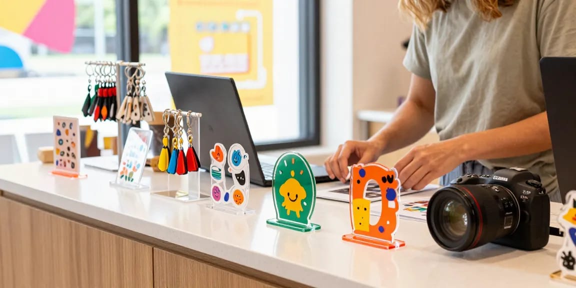Custom acrylic stand showcasing colourful keychains and stickers in an inviting retail environment.