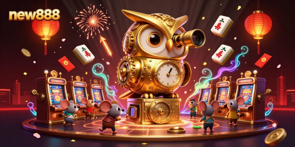 Engage with new888's vibrant casino games through a cartoon golden owl and playful mouse patrons.