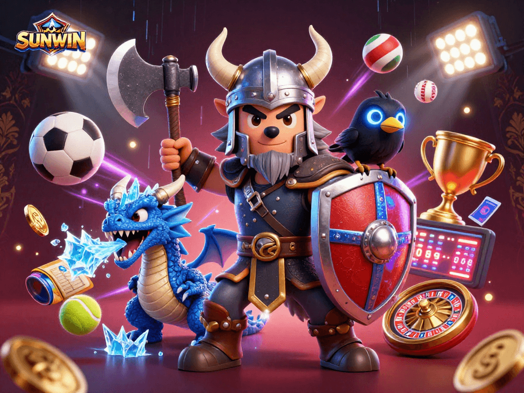 SUNWIN engages players with colorful animated characters and dynamic gaming elements in a modern casino setting.