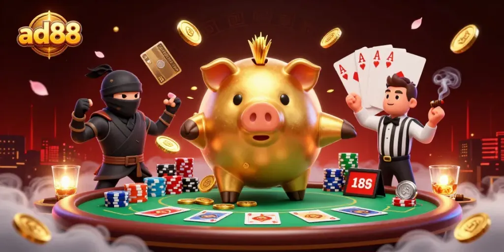 Experience excitement at ad88 with a golden sumo wrestler and vibrant casino elements!