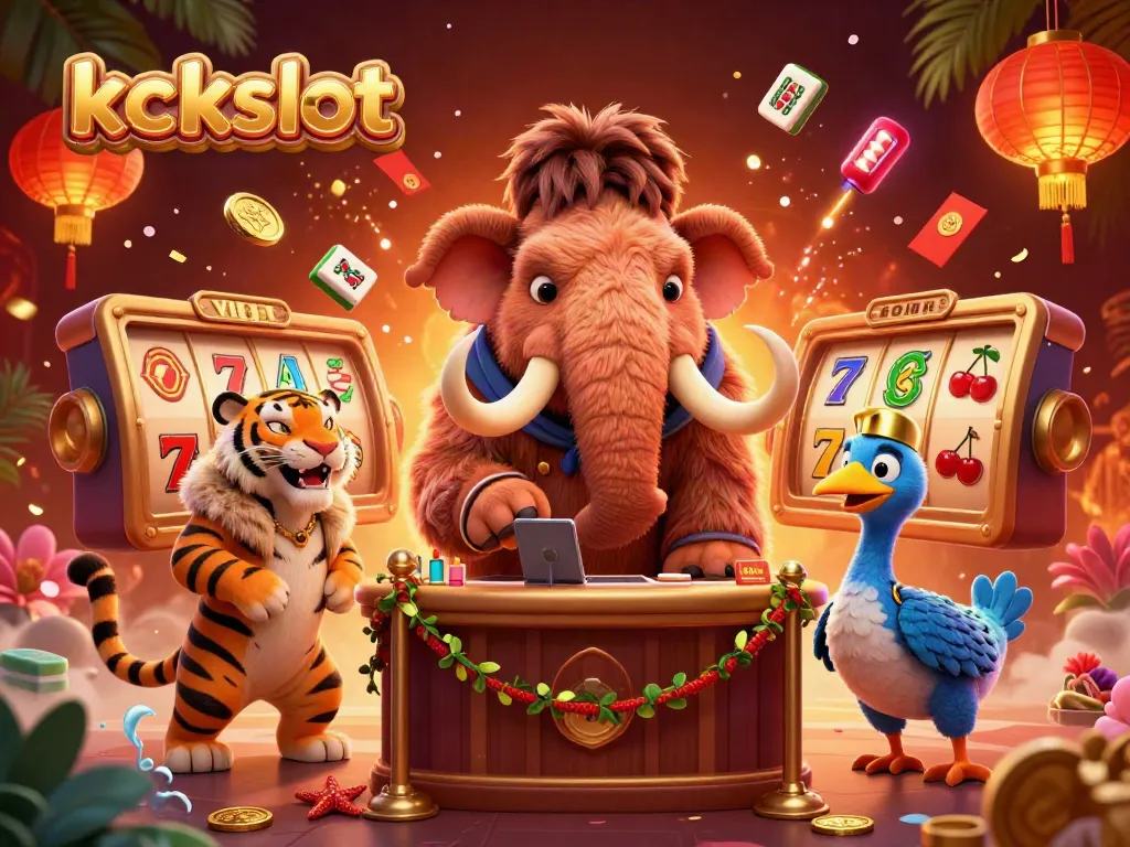 Mainkan kckslot dengan simbol jackpot yang berkilau dan karakter kasino kartun menarik.