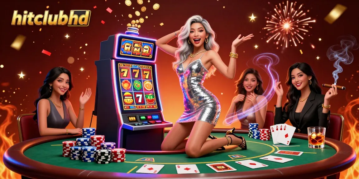 Win big at hitclubhd with a joyful Asian woman celebrating at a jackpot slot machine amidst vibrant gaming elements.