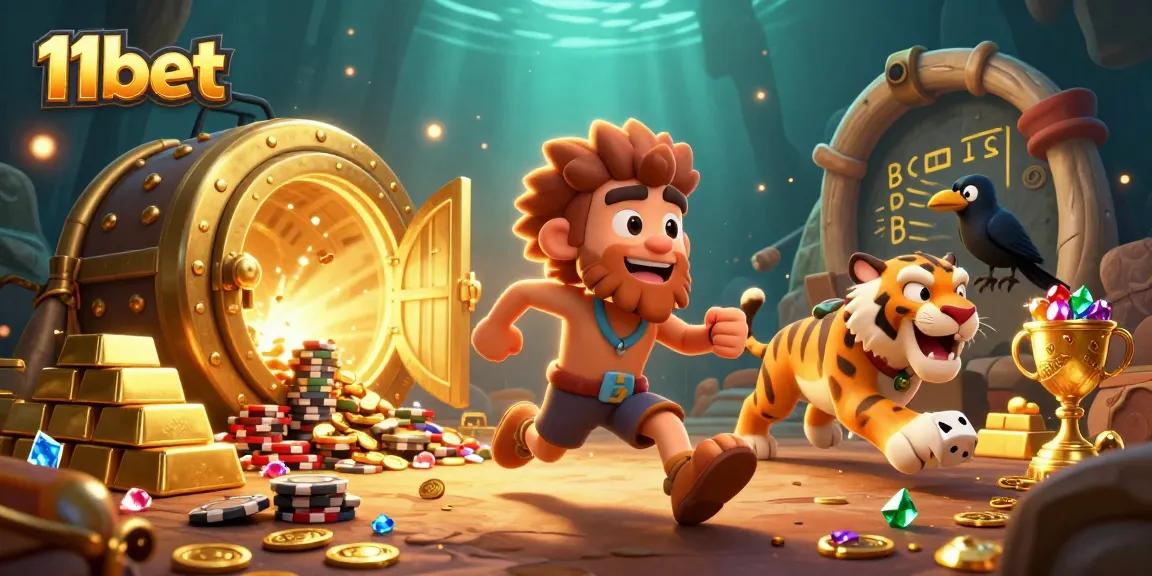 Engage with 11bet's dynamic prehistoric casino scene featuring colorful characters and treasure.