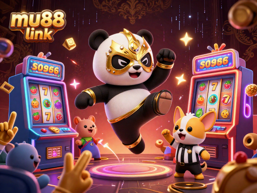 Experience victory with the mu88 link as a panda wrestler kicks for jackpot in a lively casino scene.