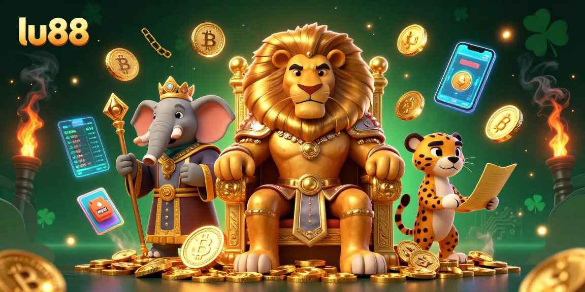 Experience thrilling gaming action with lu88, featuring a lion king on a throne surrounded by crypto elements.