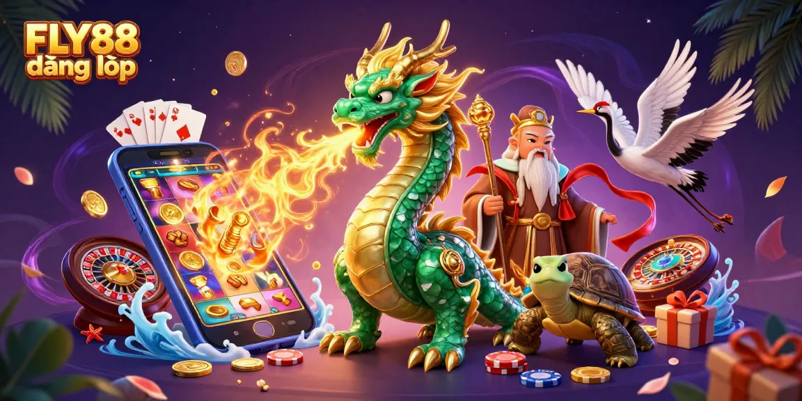 Engage in thrilling gameplay at FLY88 đăng nhập with a stunning illustration of a jade dragon and lucky cranes.