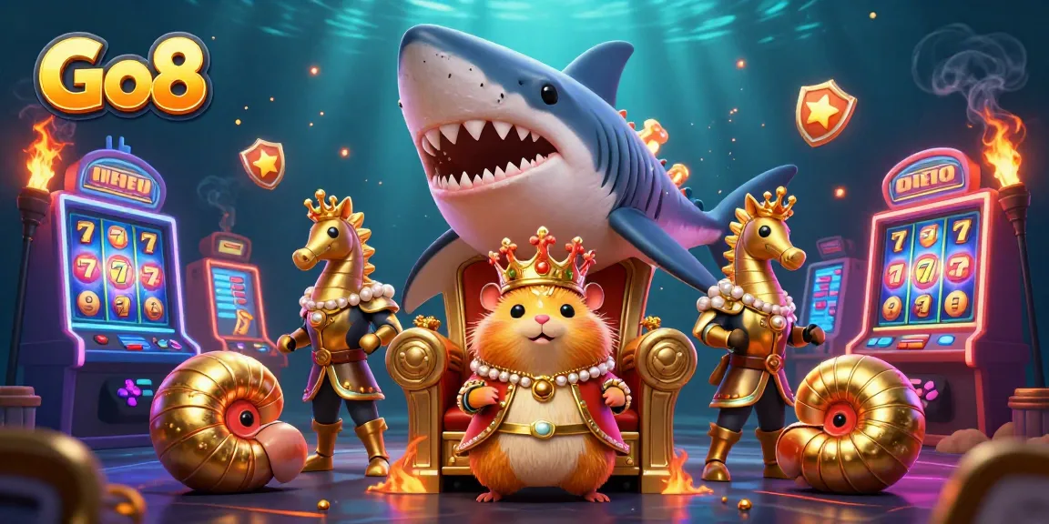 Engage with the Go8 gaming experience featuring vibrant slot machines, a golden hamster king, and thrilling casino dynamics.