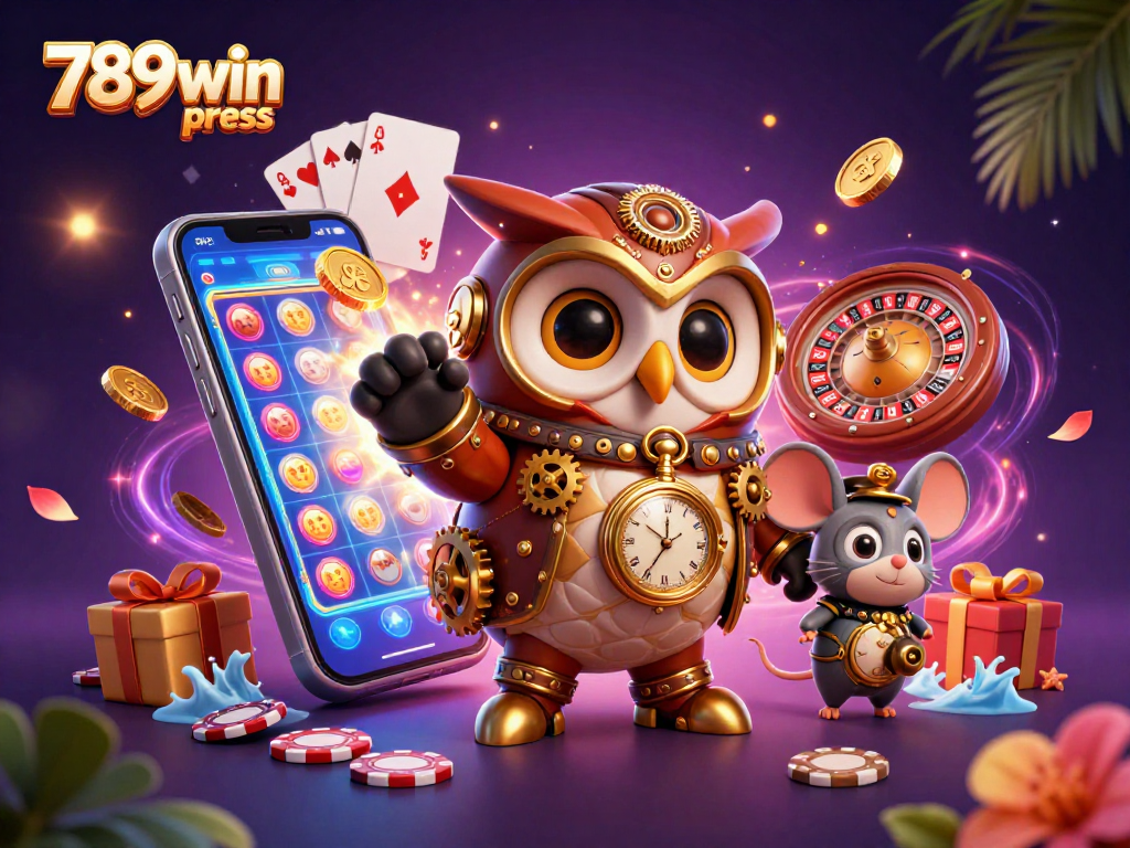 Experience thrilling gaming with 789win press featuring a steampunk owl in a dynamic casino scene.