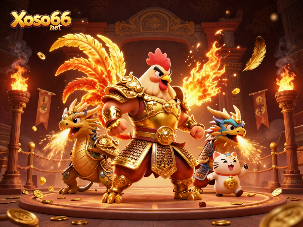Engage in thrilling gaming with Xoso66 net, featuring a fierce warrior, dragon, and lots of gold!