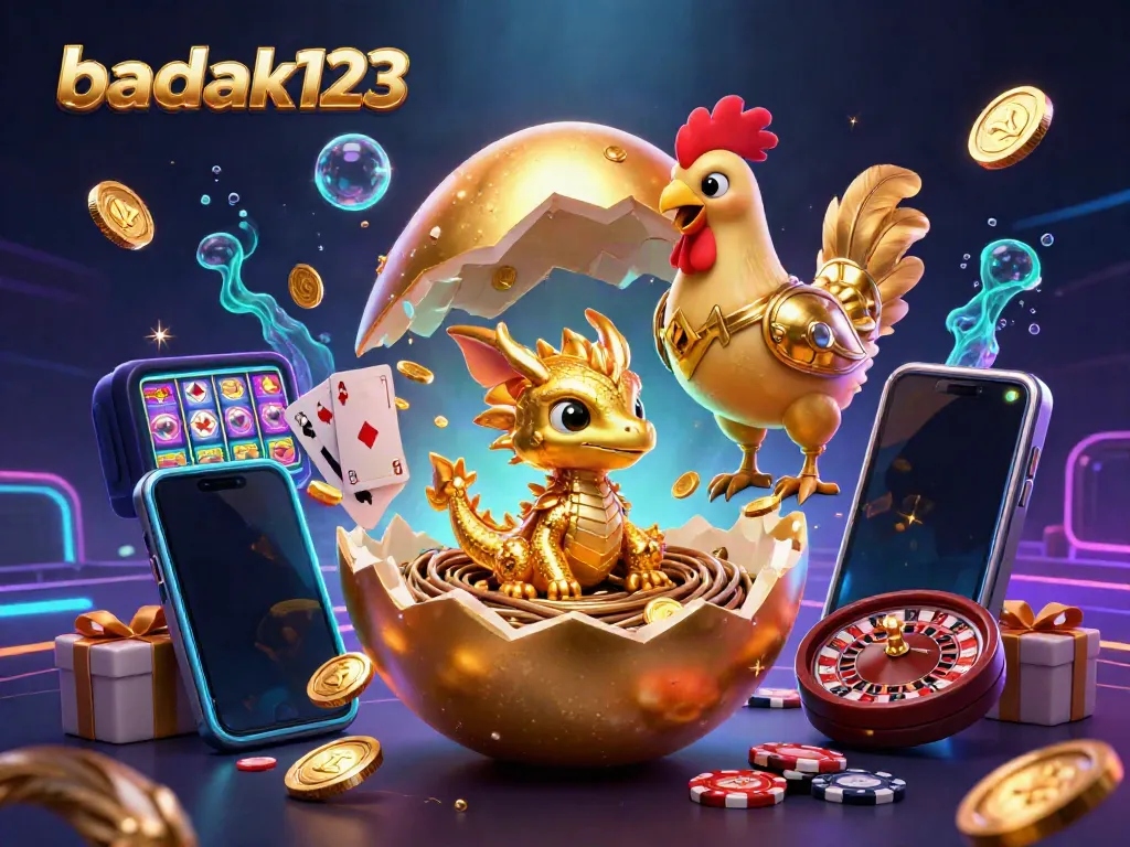 Menangkan permainan di badak123 dengan gambar ilustrasi kasino megah penuh dengan simbol slot dan karakter menarik.