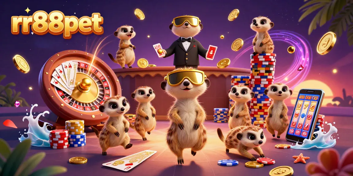 rr88pet casino meerkats joyfully gaming, surrounded by golden coins and neon lights